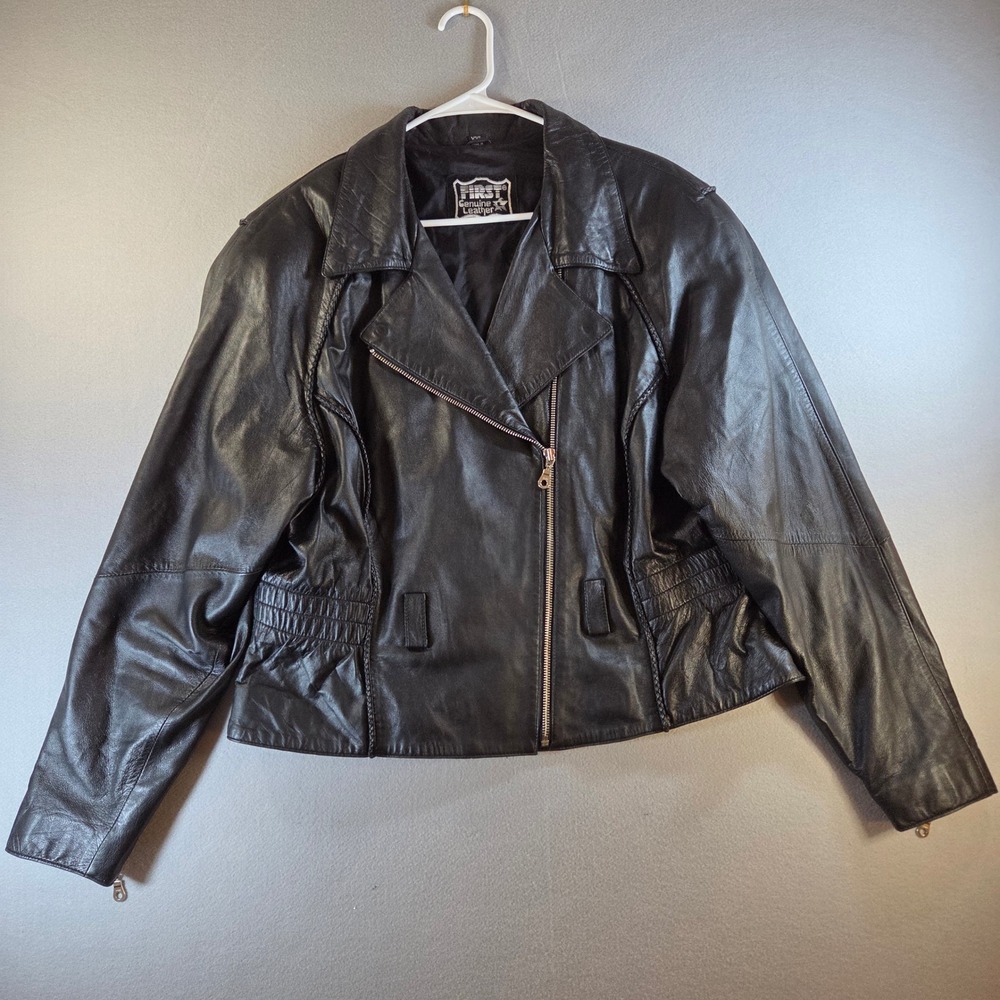 Vtg 80s First Genuine Leather Black Biker Jacket Braided Trim XXL Moto Zip Edgy